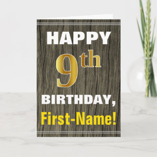 Faux Wood, Faux Guld 9:e födelsedagen + Namn Kort