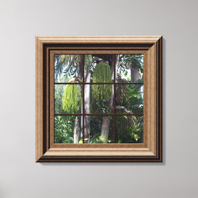 Faux Wood Framed Window Tropical View Canvas Art (Framsida)