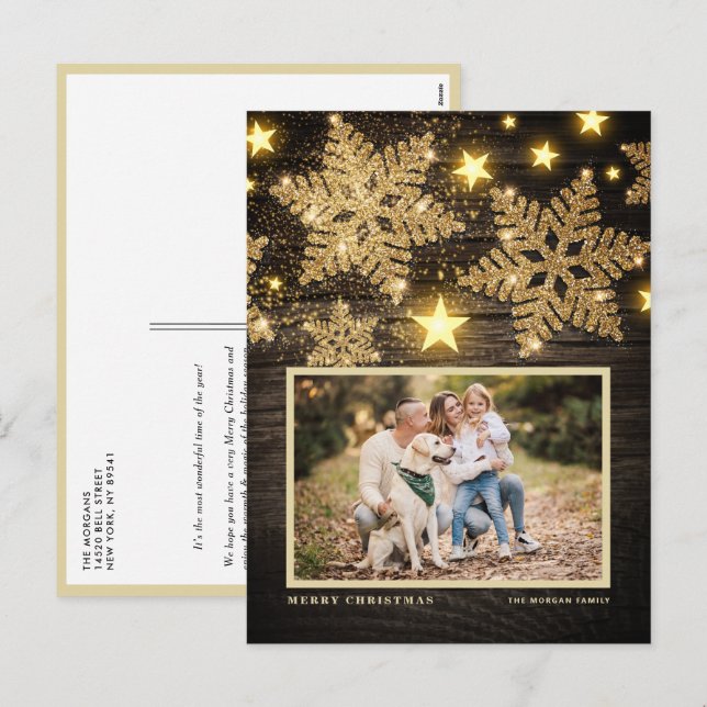 Faux Wood Guld Glitter Snöflingor Fotojul Helg Vykort (Fram/baksida)