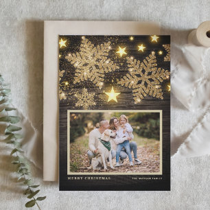 Faux Wood Guld Glitter Snöflingor Fotojul Helgkort