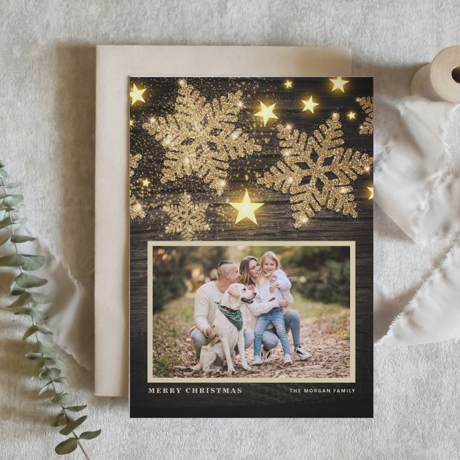 Faux Wood Guld Glitter Snöflingor Fotojul Helgkort (Skapare uppladdad)