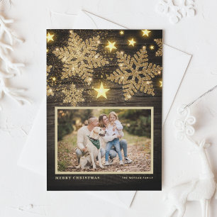 Faux Wood Guld Glitter Snöflingor Fotojul Julkort