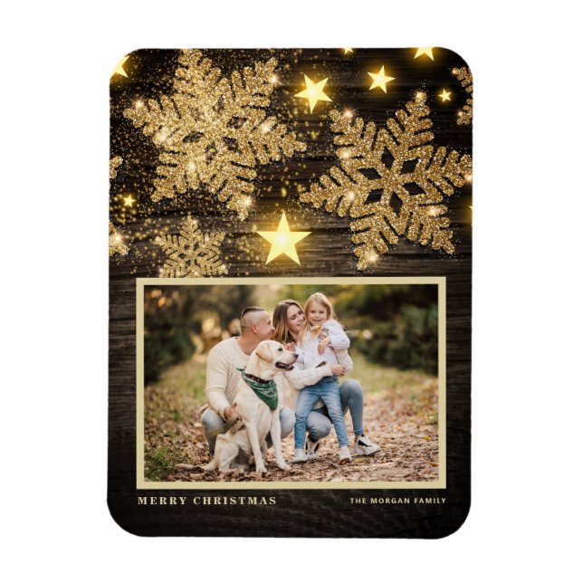 Faux Wood Guld Glitter Snöflingor Fotojul Magnet (Vertikal)