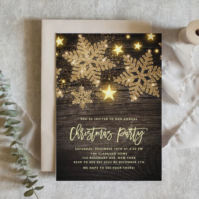 Faux Wood Guld Glitter Snöflingor Party Inbjudningar (Skapare uppladdad)