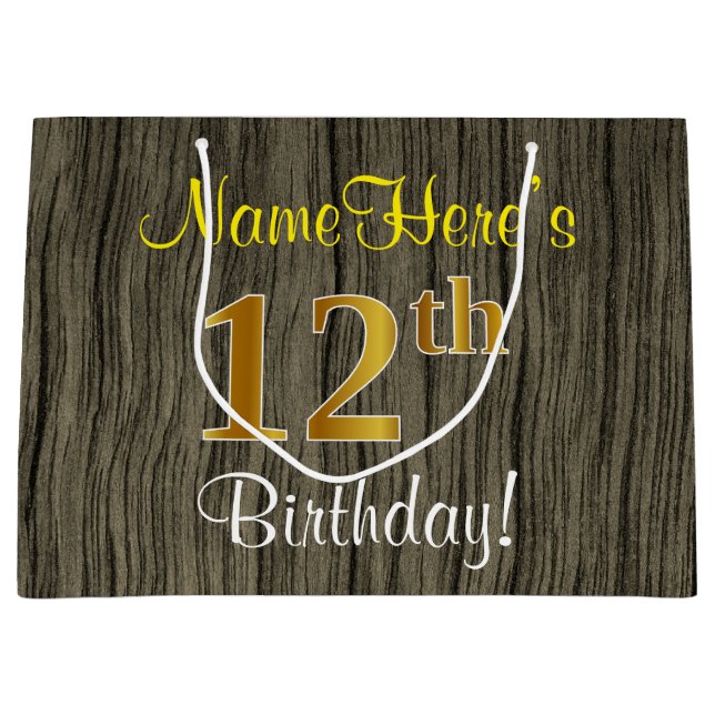Faux Wood look, Faux Guld 12:e Birthday + Namn (Framsidan)