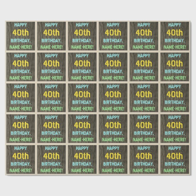 Faux Wood, målad textvisning, 40:e födelsedagen +  Presentpapper (Platt)