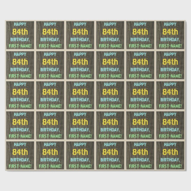 Faux Wood, målad textvisning, 84:e födelsedagen +  Presentpapper (Platt)