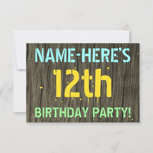 Faux Wood, Pawarded Text look, 12:e Birthday + Nam Inbjudningar (Framsida)