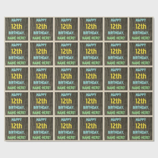 Faux Wood, Pawarded Text look, 12:e Birthday + Nam Presentpapper (Platt)