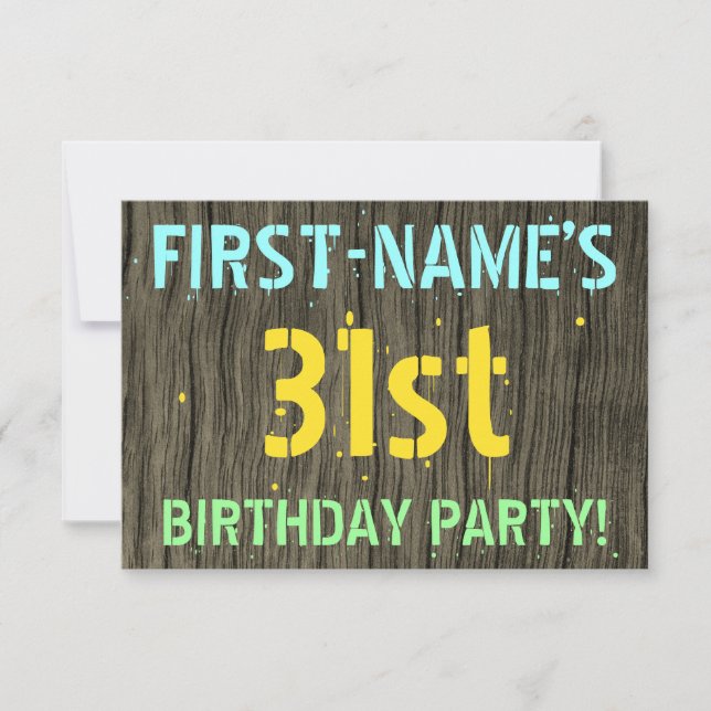 Faux Wood, Pawarded Text look, 31a Birthday + Namn Inbjudningar (Framsida)