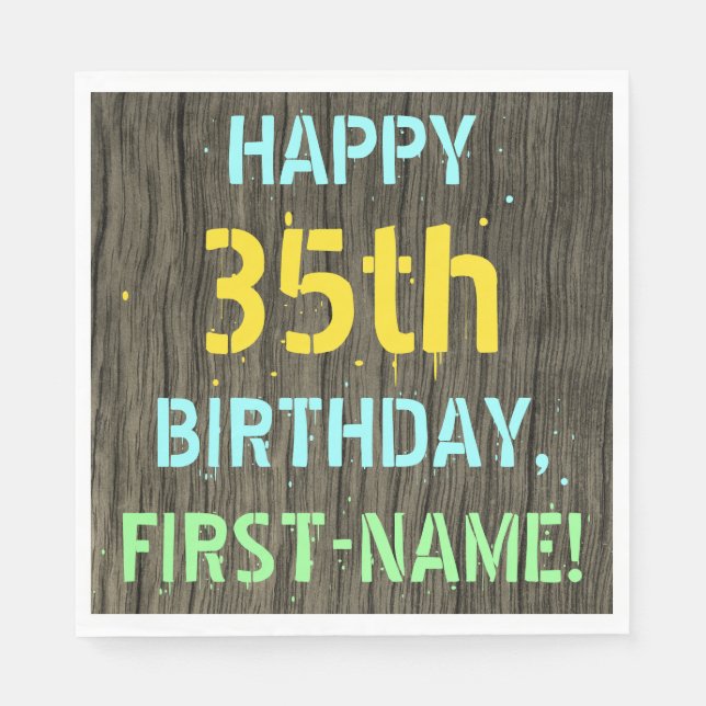 Faux Wood, Pawarded Text look, 35e Birthday + Namn Pappersservett (Framsidan)
