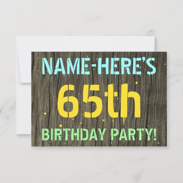 Faux Wood, Pawarded Text look, 65e Birthday + Namn Inbjudningar (Framsida)