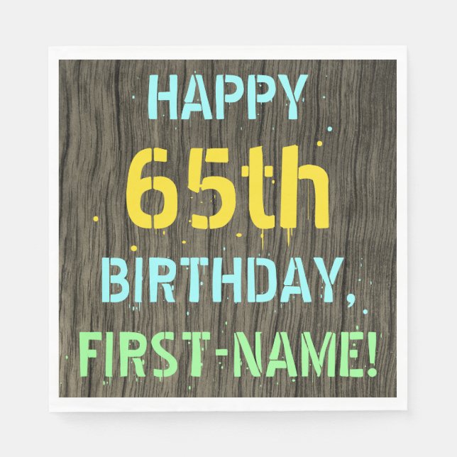 Faux Wood, Pawarded Text look, 65e Birthday + Namn Pappersservett (Framsidan)