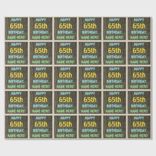 Faux Wood, Pawarded Text look, 65e Birthday + Namn Presentpapper (Platt)