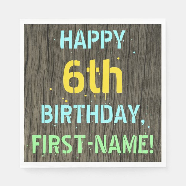 Faux Wood, Pawarded Text look, 6e Birthday + Namn Pappersservett (Framsidan)