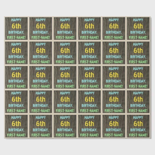 Faux Wood, Pawarded Text look, 6e Birthday + Namn Presentpapper (Platt)