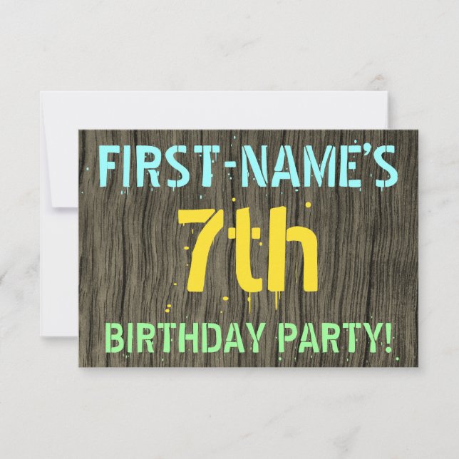 Faux Wood, Pawarded Text look, 7:e Birthday + Namn Inbjudningar (Framsida)