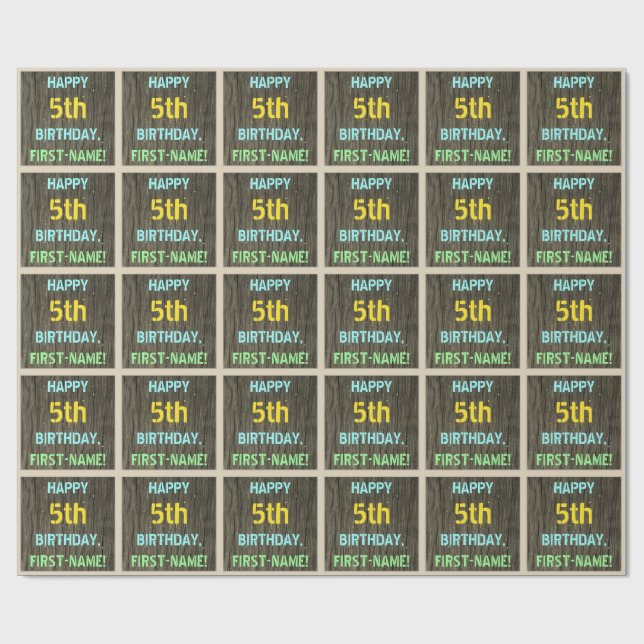 Faux Wood, Pawarematchen, 5:e födelsedag + Namn Presentpapper (Platt)