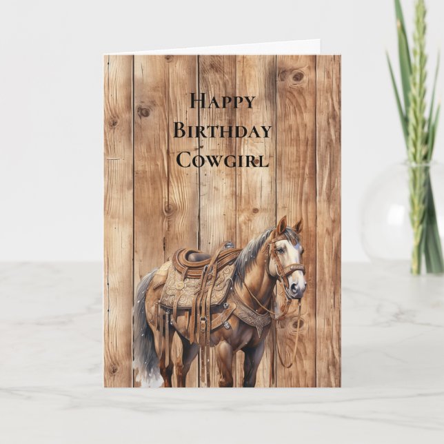 Faux Wood Western Cowboy Cowgirl Horse Birthday Kort (Framsida)
