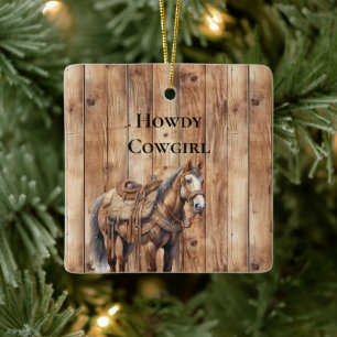 Faux Wood Western Cowboy Cowgirl Horse jul Julgransprydnad Keramik