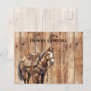 Faux Wood Westernare Cowboy Cowgirl Horse Howdy Vykort