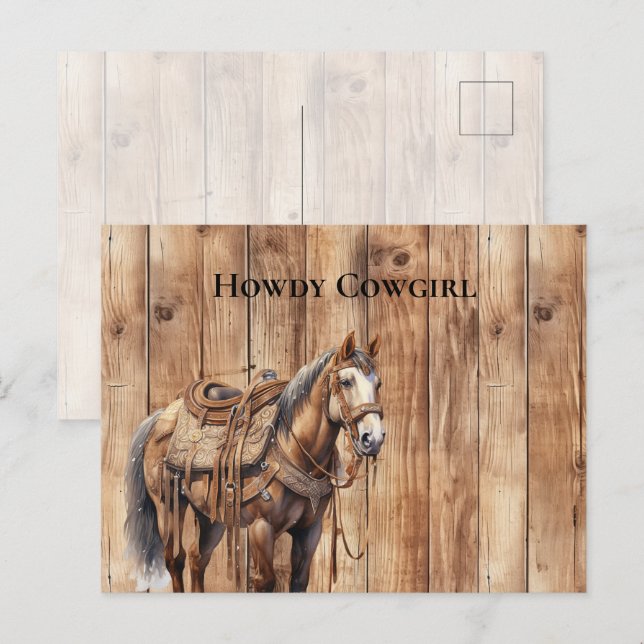 Faux Wood Westernare Cowboy Cowgirl Horse Howdy Vykort (Fram/baksida)