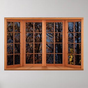 Faux Wooden Bay Window Illusion - Autumn Träd Poster
