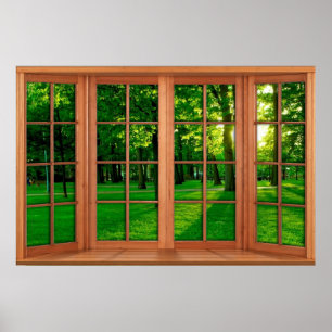 Faux Wooden Bay Window Illusion - Grönt Park Poster