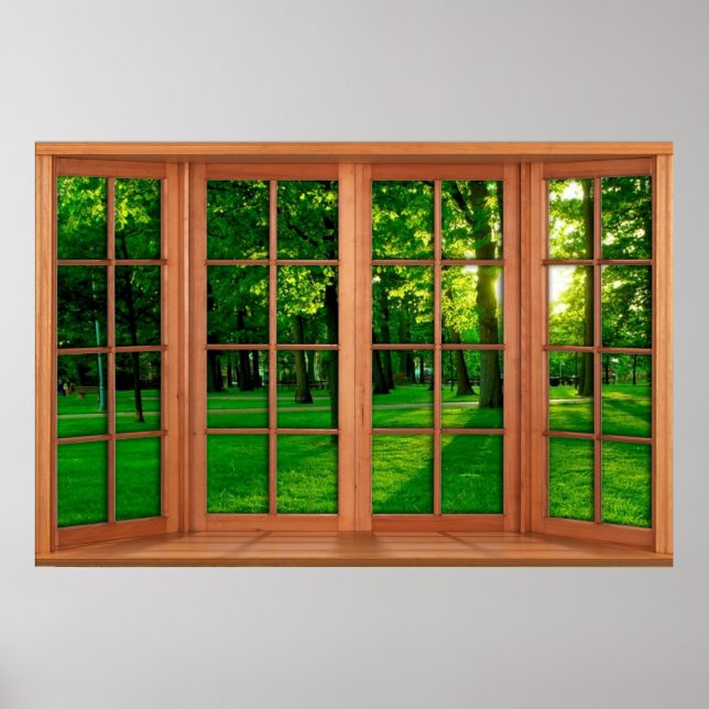 Faux Wooden Bay Window Illusion - Grönt Park Poster (Framsidan)