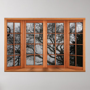 Faux Wooden Bay Window Illusion - Winter View Poster
