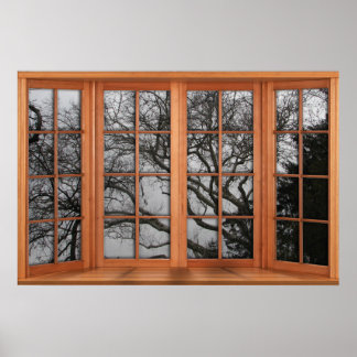 Faux Wooden Bay Window Illusion - Winter View Poster