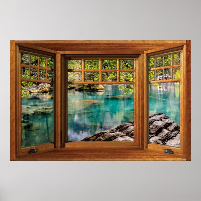 Faux Wooden Bow Window Illusion - Calming Sjö Poster (Framsidan)