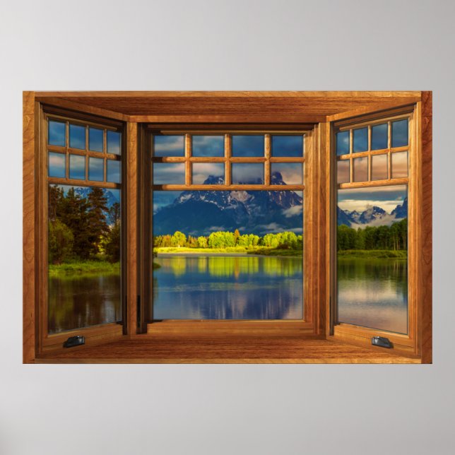 Faux Wooden Bow Window Illusion - Mountain Scene Poster (Framsidan)