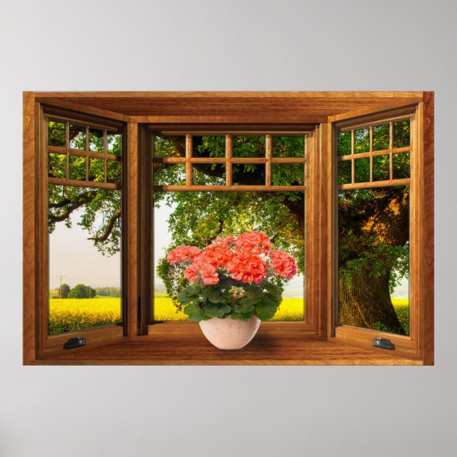 Faux Wooden Bow Window Illusion - sommarvy Poster (Framsidan)