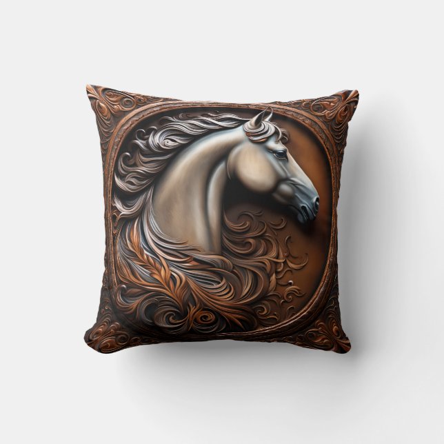 Faux Wooden Carved Horse Throw Pillow Kudde (Framsida)