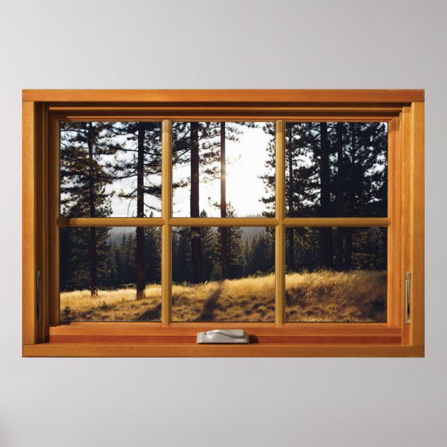 Faux Wooden Window Illusion - Autumn Pine Trees Poster (Framsidan)