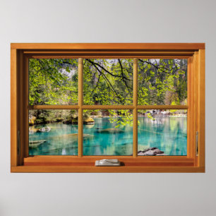 Faux Wooden Window Illusion - Lagoon Sjö Scene Poster