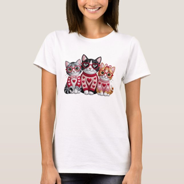 Faux Yarn Crochet Valentines Cat T Shirt (Framsida)