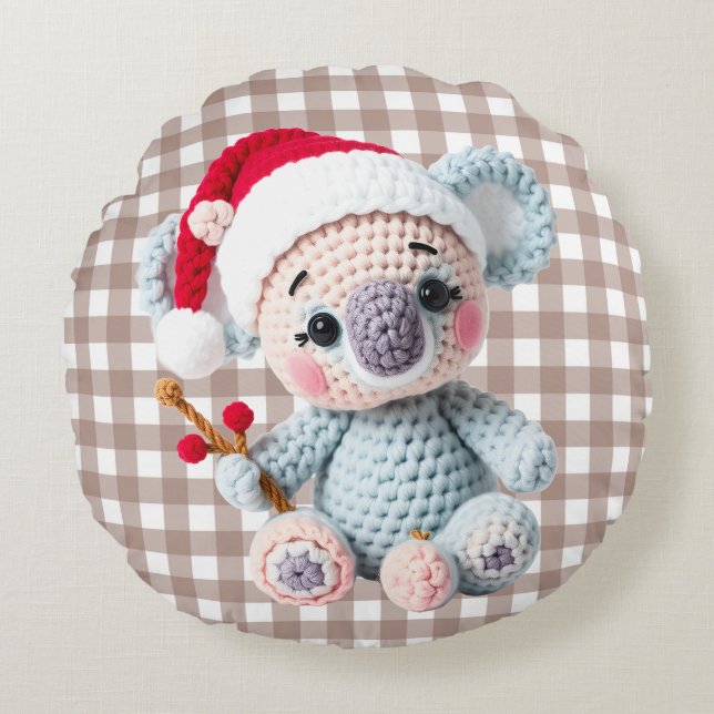 Faux Yarn Notch-Hook Koala Christmas Design Rund Kudde (Framsidan)