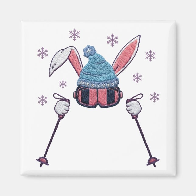 Faux yarn skiing rabbit winter humor magnet (Framsidan)