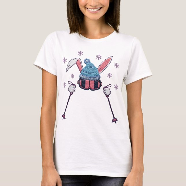 Faux yarn skiing rabbit winter humor t shirt (Framsida)