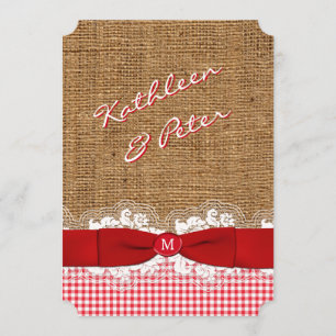 FAUXBurlap, snöre, röd Ginghambröllopinbjudan - Inbjudningar