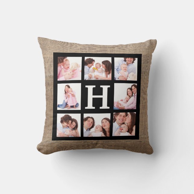 FauxBurlapMonogram med 8 familjfoto Kudde (Framsida)