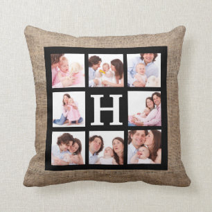 FauxBurlapMonogram med 8 familjfoto Kudde