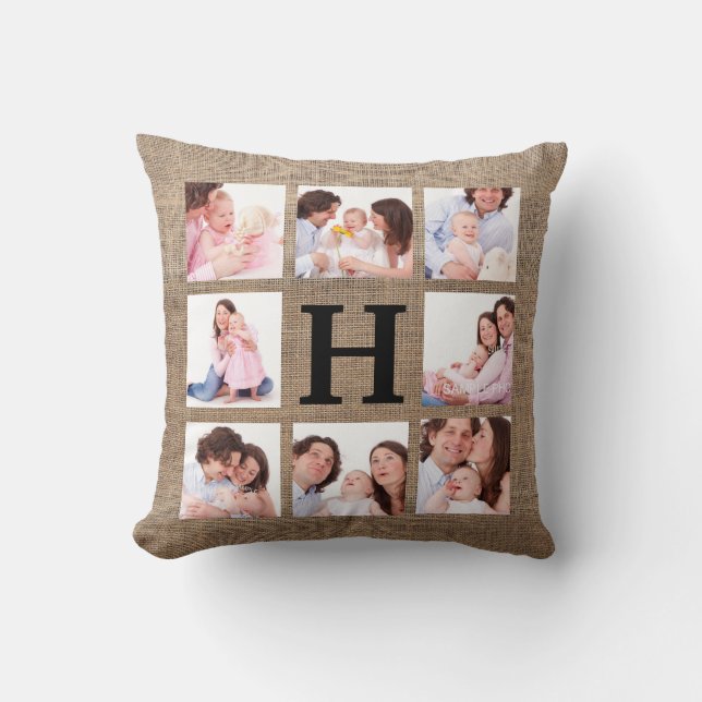 FauxBurlapMonogram med 8 familjfoto Kudde (Framsida)