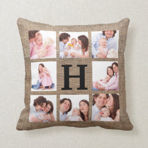 FauxBurlapMonogram med 8 familjfoto Kudde