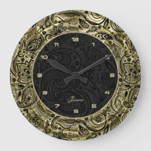 Fauxguld med svart Paisley & bakgrund Stor Klocka