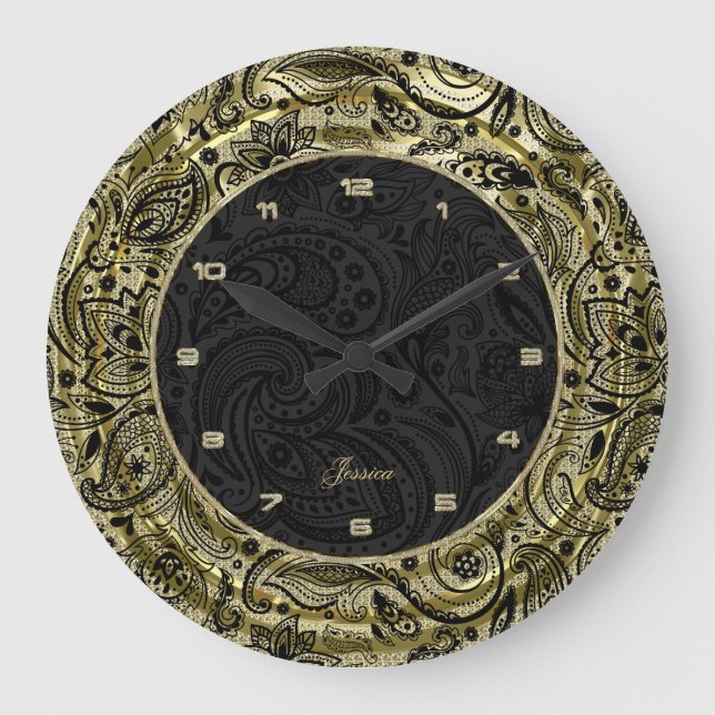 Fauxguld med svart Paisley & bakgrund Stor Klocka (Framsida)