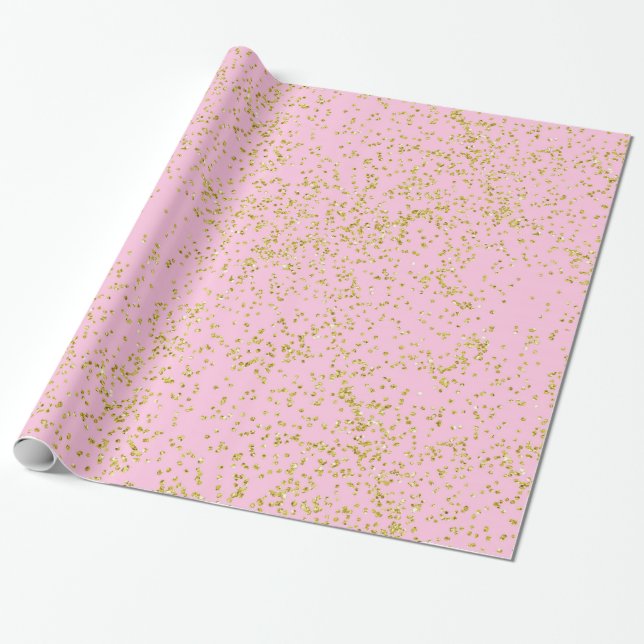 Fauxguld omkullkastar rosa bakgrundsstänkglitter presentpapper (Utrullad)