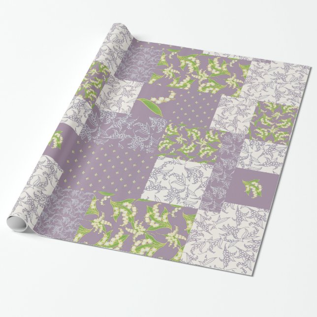 FauxPatchwork Giftwrap: Liljekonvalj som är mauve Presentpapper (Utrullad)